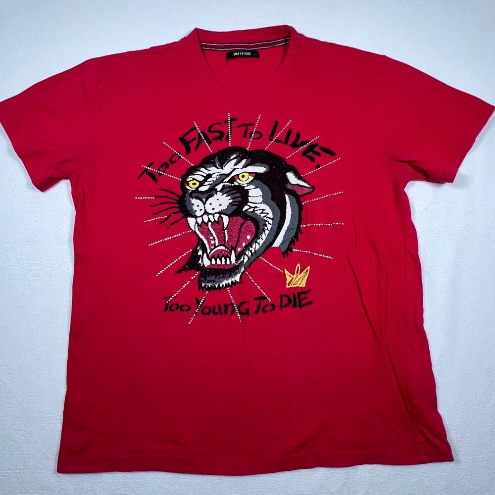 Imperious LG Short Sleeve Shirt Big Cat Rhinestone Graphic Print Red Vintage